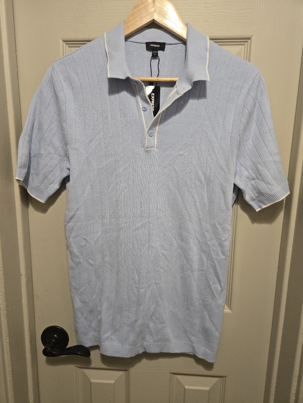 Express Pale Blue Polo with Cream Contrast Trim Size Small